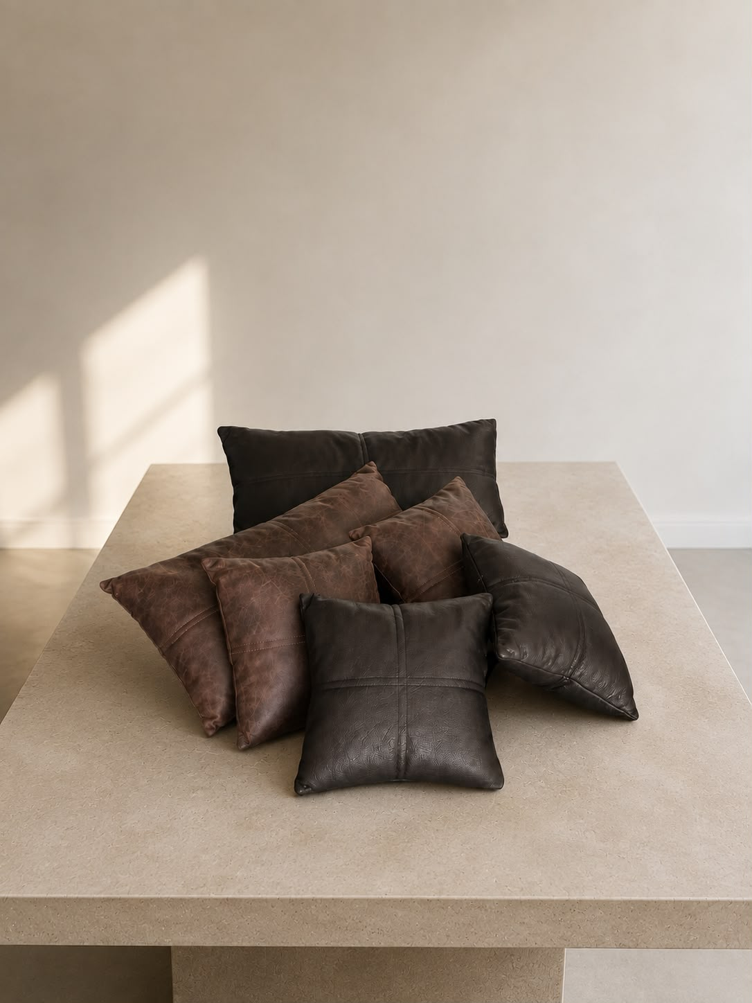 Conjunto de almohadones de cuero marrón y negro de casa martina